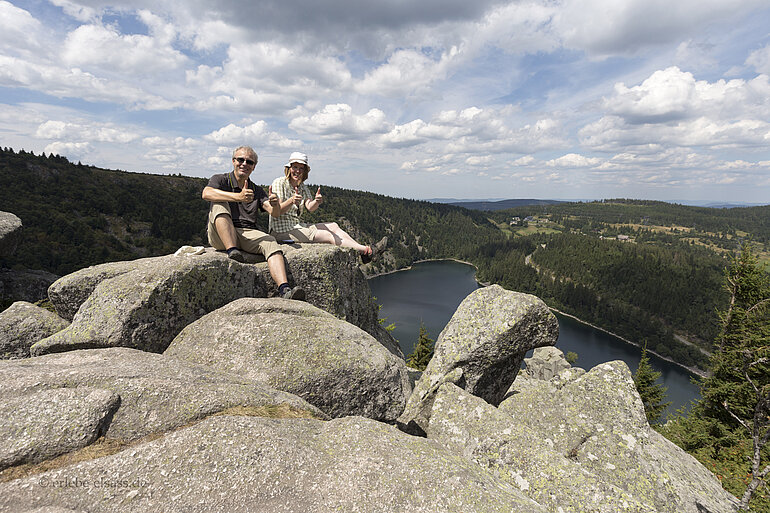Rast auf dem Felsen über dem Lac Blanc