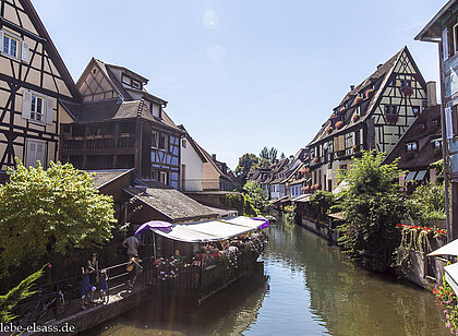 Kanal in Colmar mit Fachwerkhäusern und Blumen am Ufer